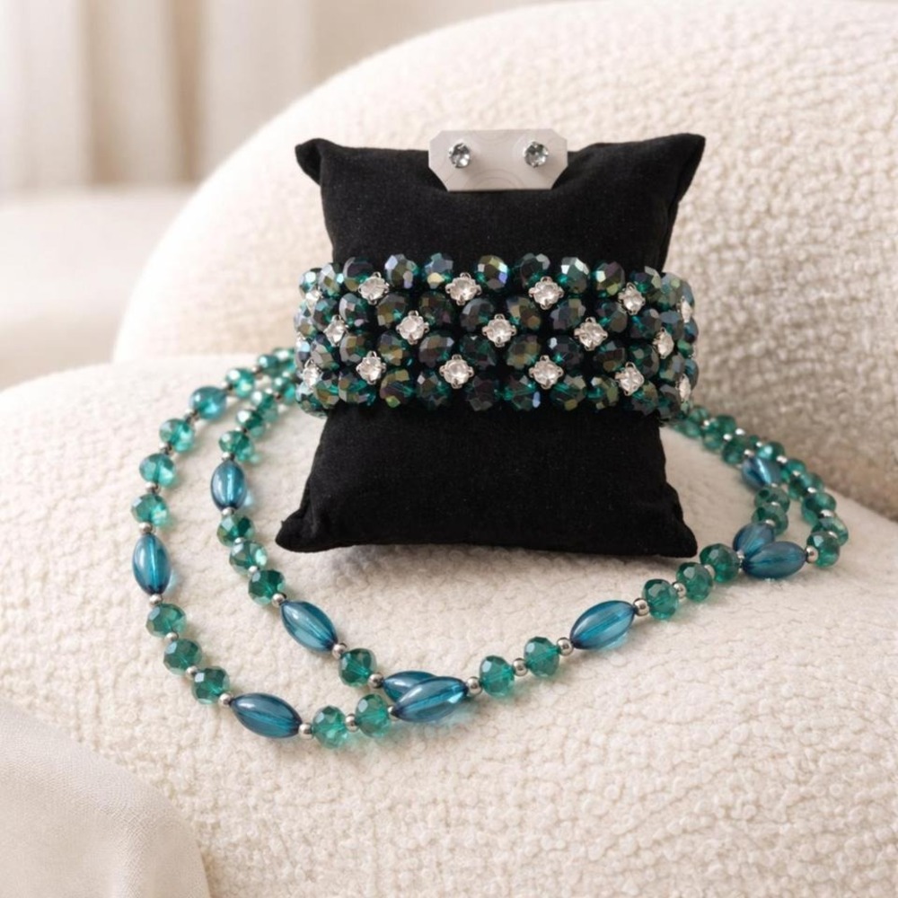 Teal Blue Green Beaded 3 piece Jewelry Set